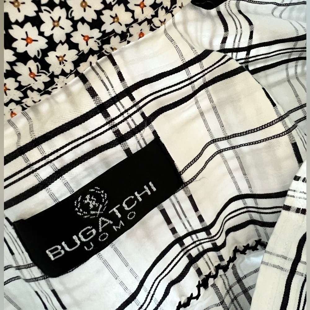 Men’s Bugatchi Large White Black Plaid Long Sleeve Button Up Floral Cotton Shirt - Picture 8 of 10